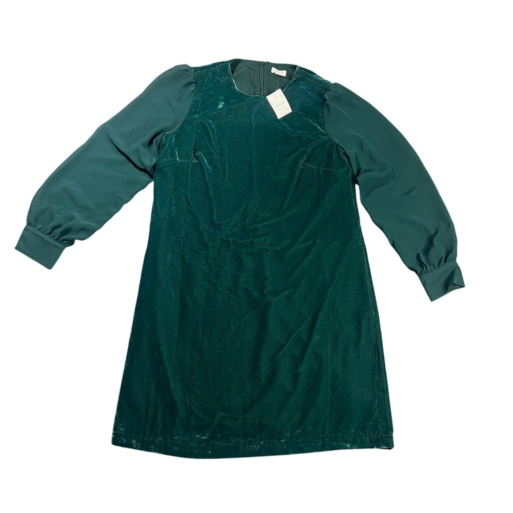 NWT J.Crew Women's 6‎ Velvet Holiday Shift Dress Green Sheer Long Sleeve CE630